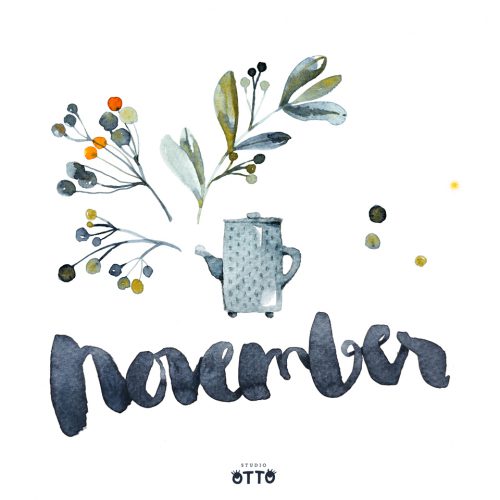 Kalenderblatt November 2019 mit herbstlicher Aquarell-Illustration und Lettering