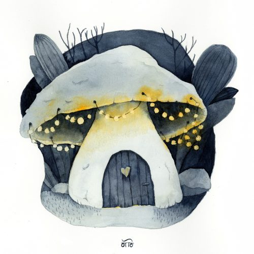 Märchenhaften Illustration von einem Pilzhaus mit Lichterkette