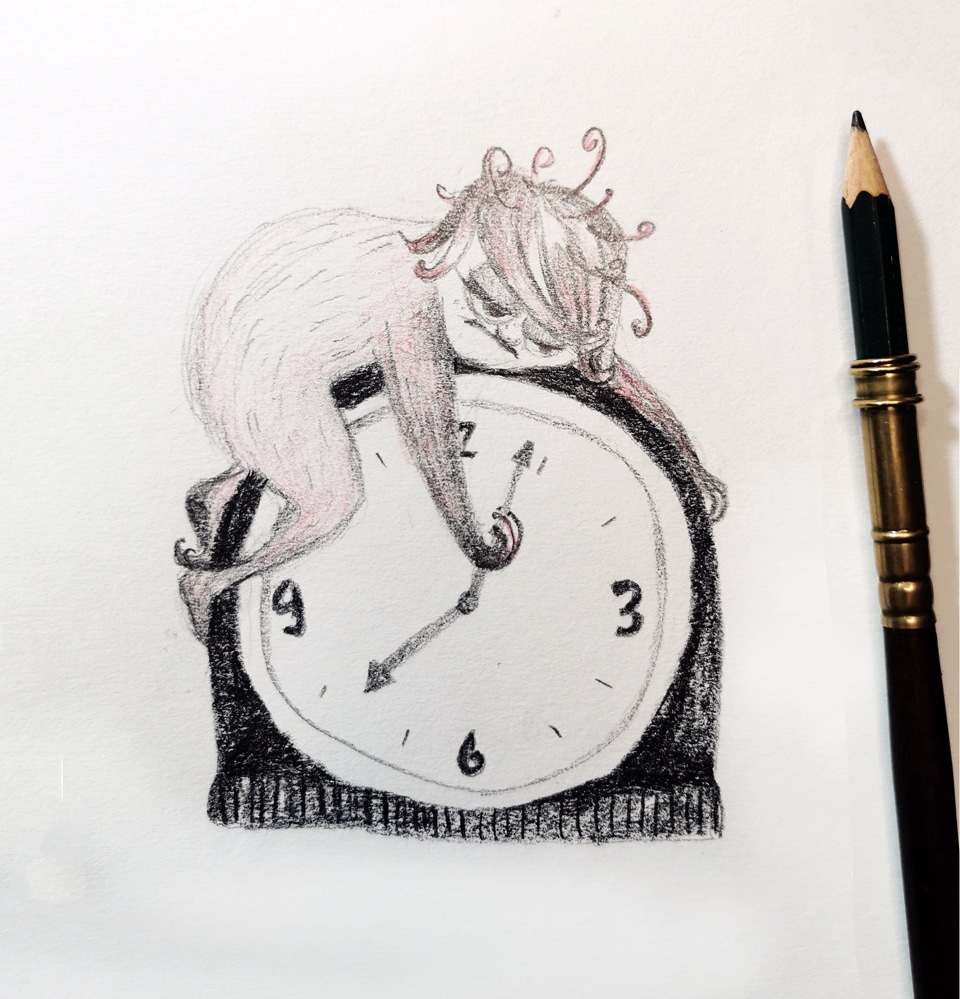 Bleistiftzeichnung eines Fantasie-Wesens auf einer Uhr.