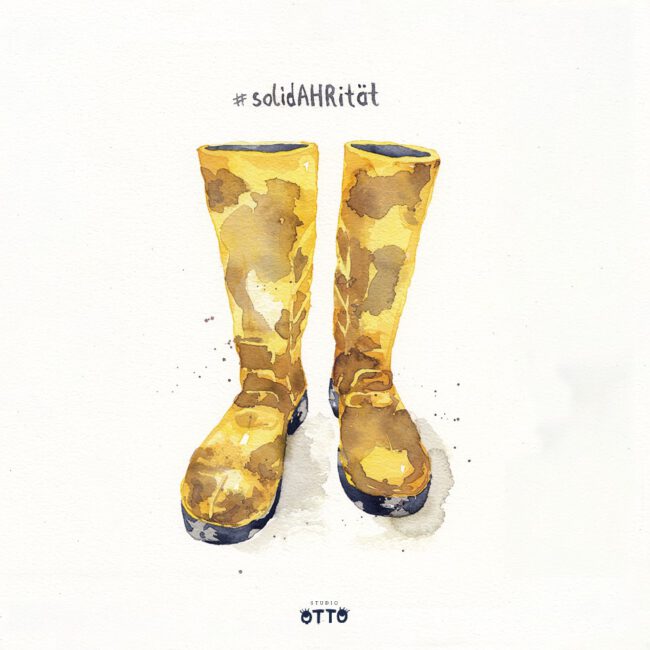 Zeichnung von einem Paar gelber, schlammverschmierter Gummistiefel