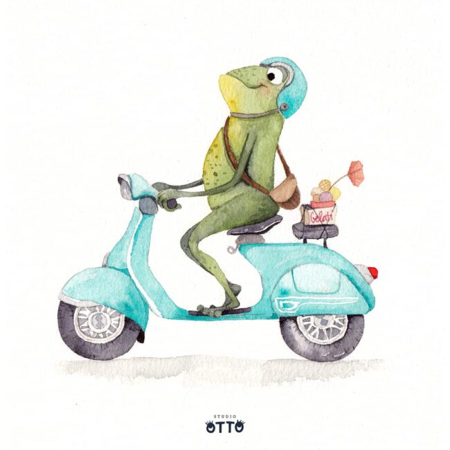 gezeichneter Frosch auf Vespa bei der Eislieferung