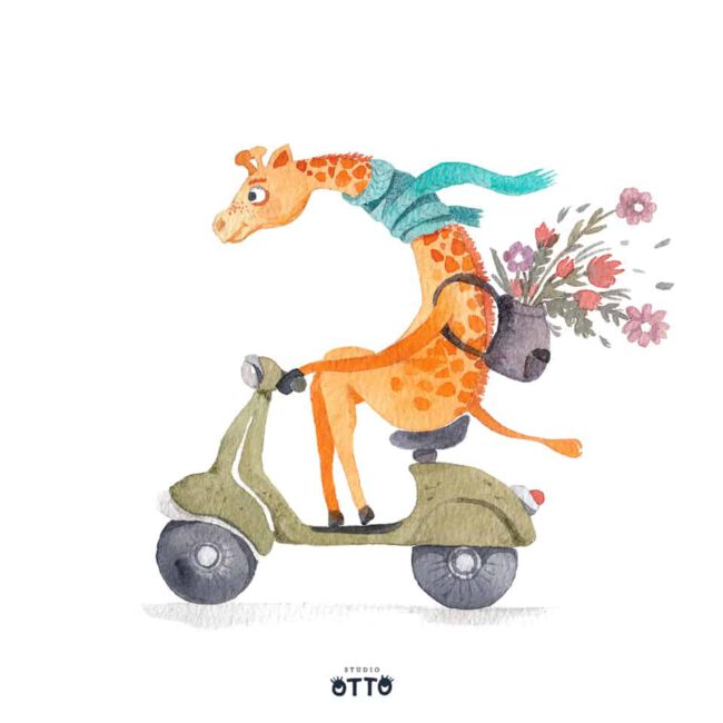 Zeichnung einer Giraffe mit einem blauen Schal auf einer Vespa.