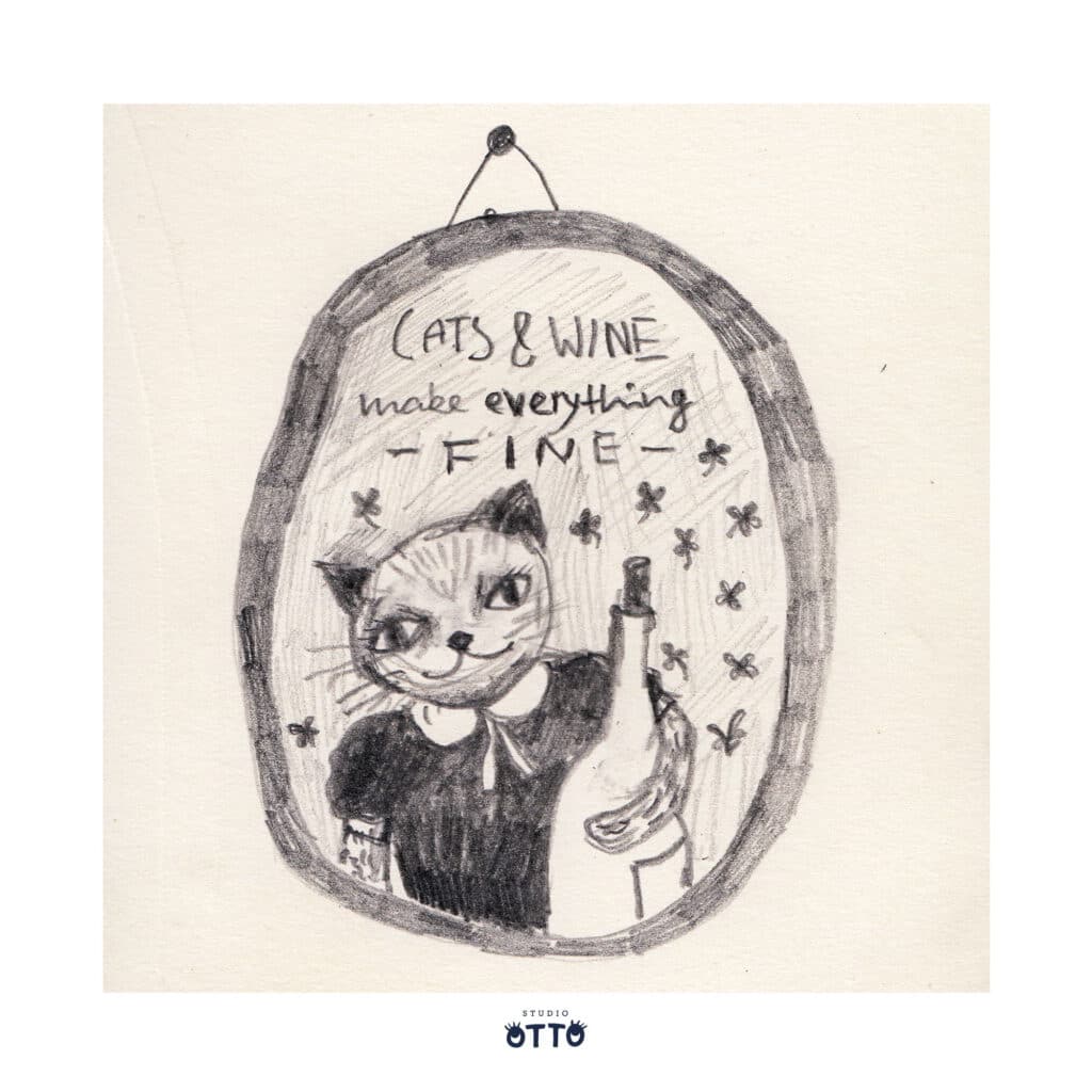 Bleistiftzeichnung einer Katze mit einer Flasche Wein in einem Bilderrahmen.
