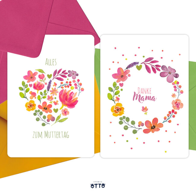 Zwei Postkarten mit floralen Motiven als Karte zum Muttertag