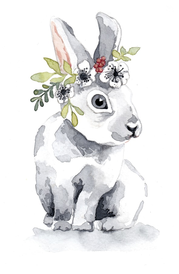 Aquarell eines weißen Hasen mit Blumenkranz auf dem Kopf.