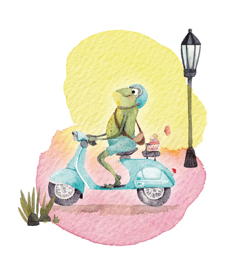 Aquarell eines Frosches auf einem Motorroller.