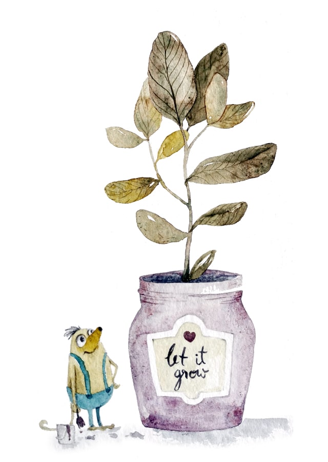 Illustration eines kleinen Maulwurfs vor einer großen Pflanze.