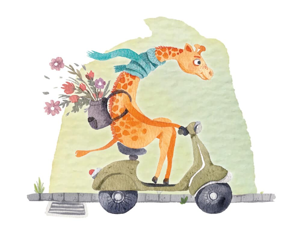Aquarell einer Giraffe auf einem Motorroller.