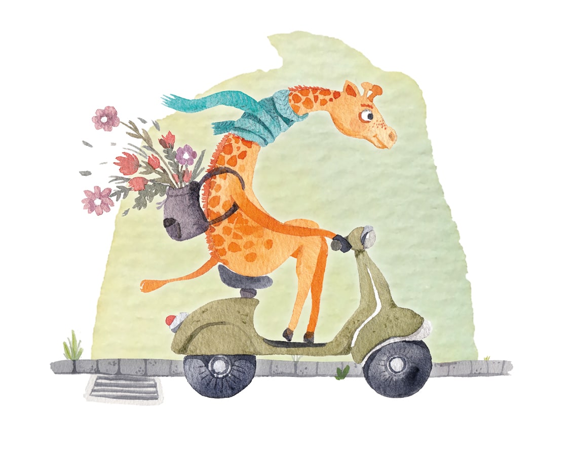 Aquarell einer Giraffe auf einem Motorroller.