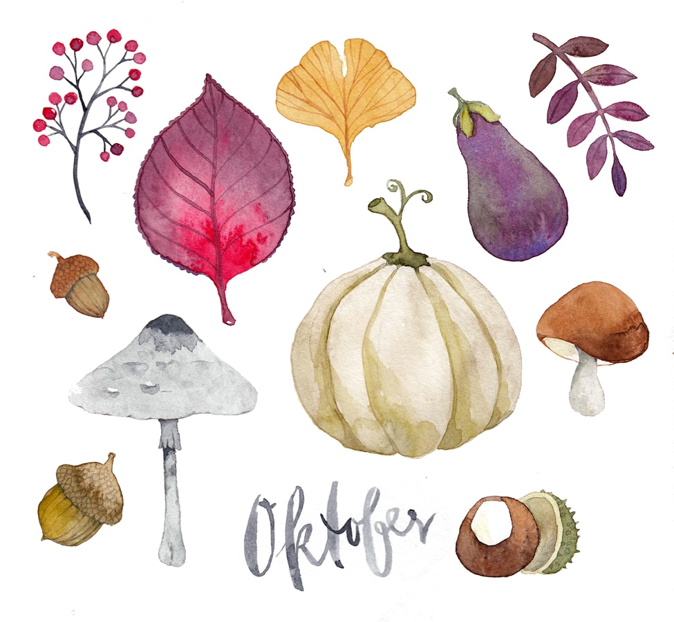 Aquarell zur Visualisierung des Monat Oktober mit Pilzen, Blättern und Nüssen.