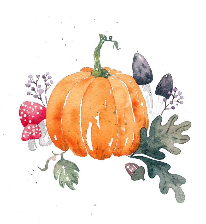Illustration eine Kürbis mit herbstlichen Ornamenten.
