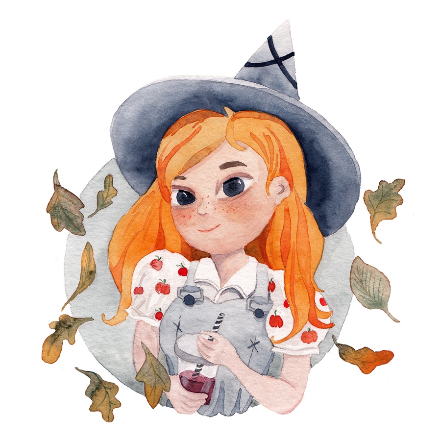 Aquarell einer kleinen rothaarigen Hexe.