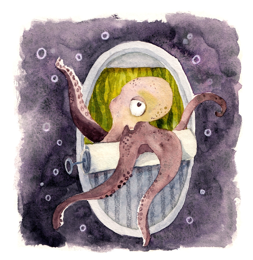 Illustration eines Oktopus in einer Sardinendose.