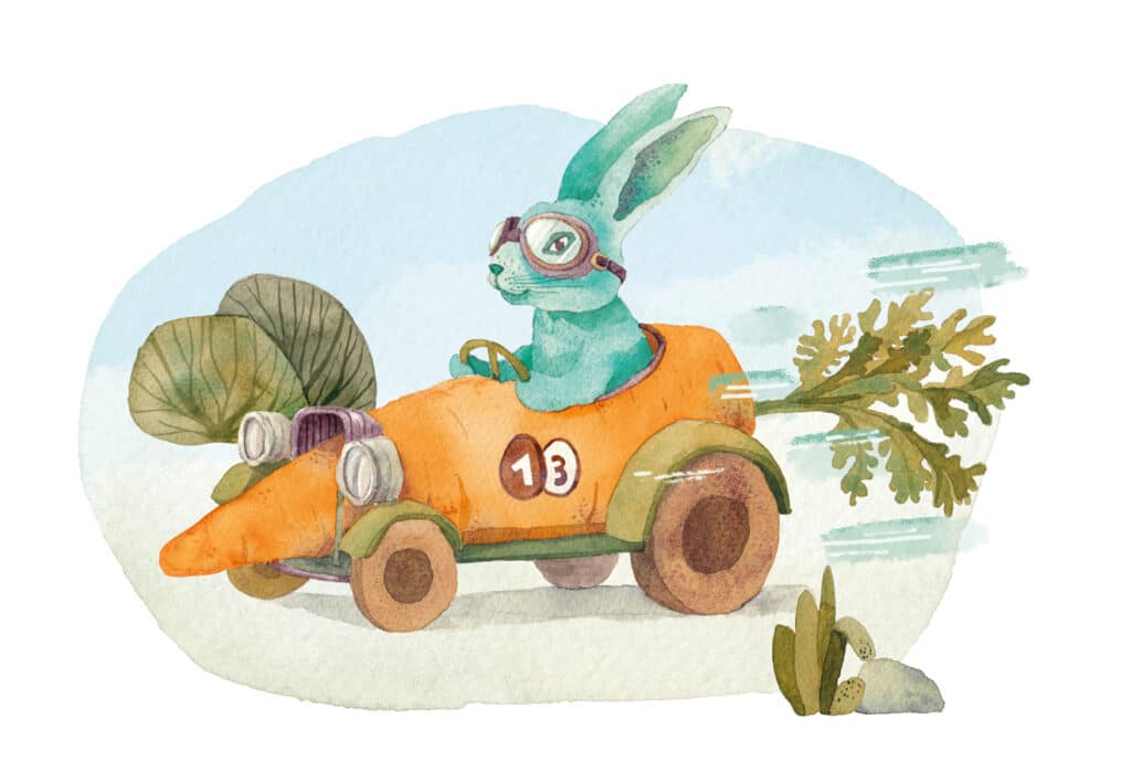 Aquarell eines Hasen in einem Auto in Form einer Karotte