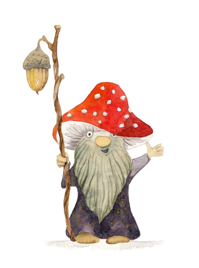 Illustration eines Gnoms mit Fliegenpilzhut und einer Nußlaterne.