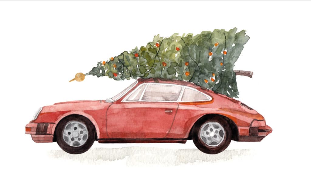 Illustration eines roten Porsche mit einem Weihnachtsbaum auf dem Dach.