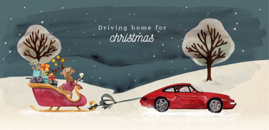 Weihnachtskartenillustartion eines roten Porsche, der einen Rentierschlitten zieht.
