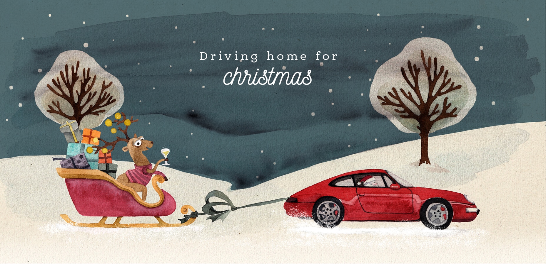 Weihnachtskartenillustartion eines roten Porsche, der einen Rentierschlitten zieht.