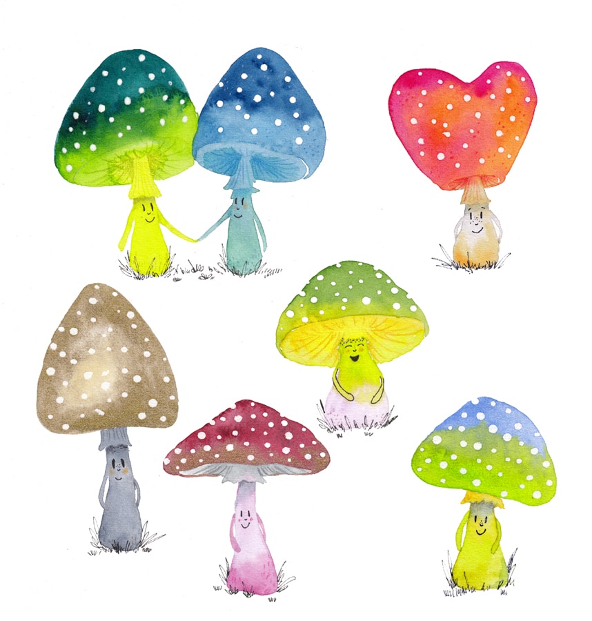 Illustration von verschiedenen lustigen Pilzen mit Gesichtern.