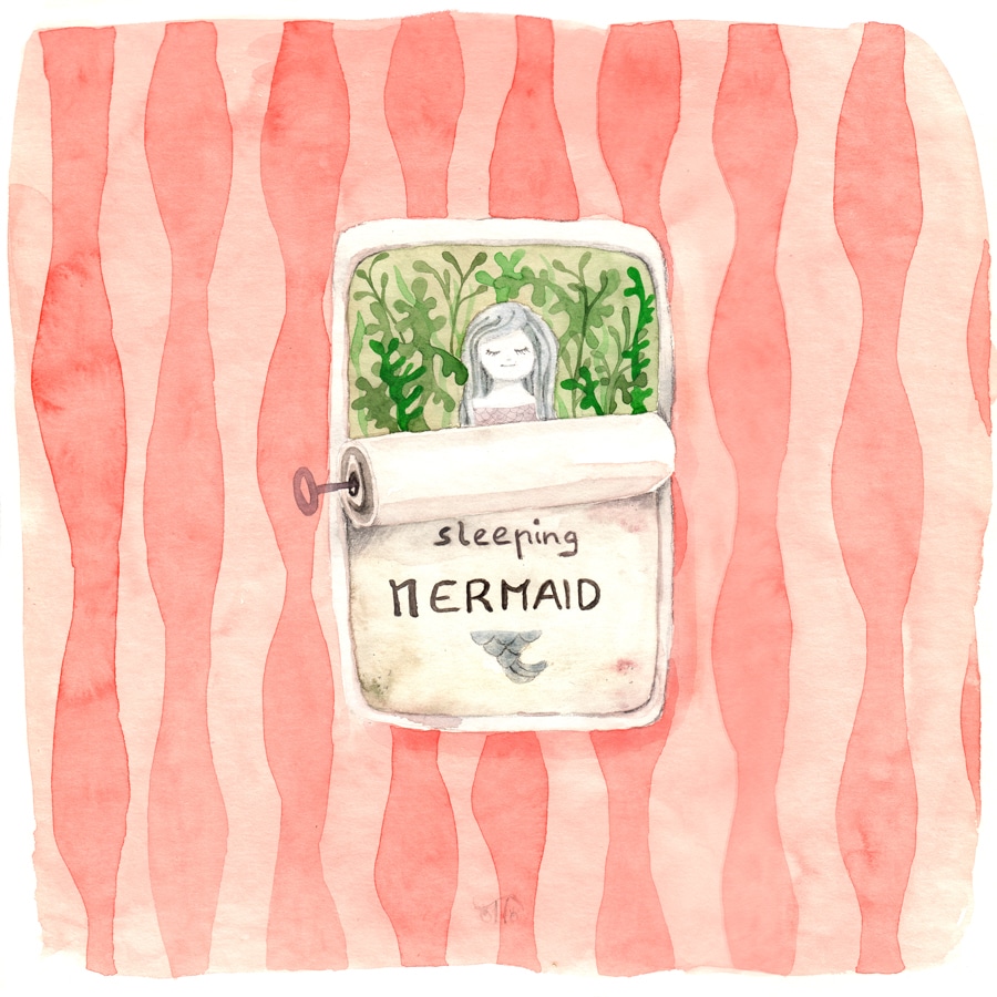 Illustration einer schlafenden Meerjungfrau in einer Sardinendose.
