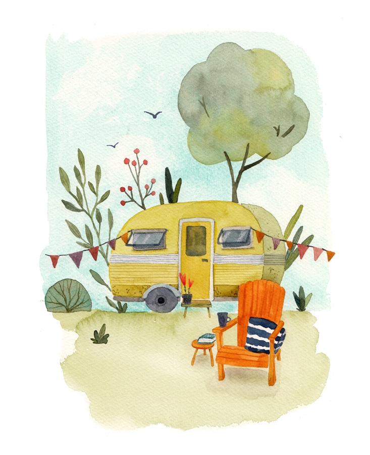 Illustration eines Wohnwagen mit einem orangen Sessel davor.