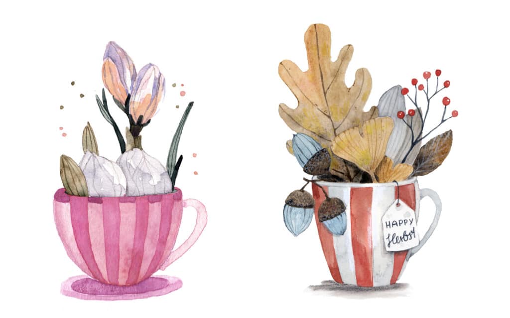 Illustration von zwei herbstlichen gefüllten Tassen.