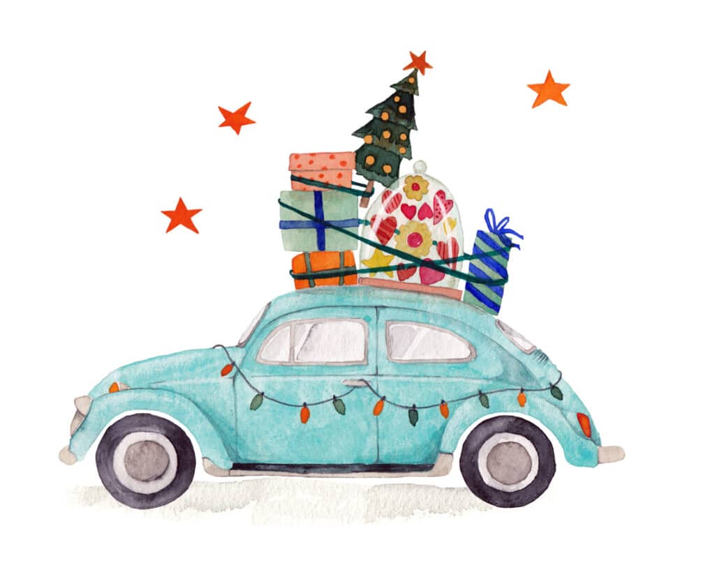 Illustration eines türkisen VW Käfer mit Weihnachtsbaum und Geschenken auf dem Dach.