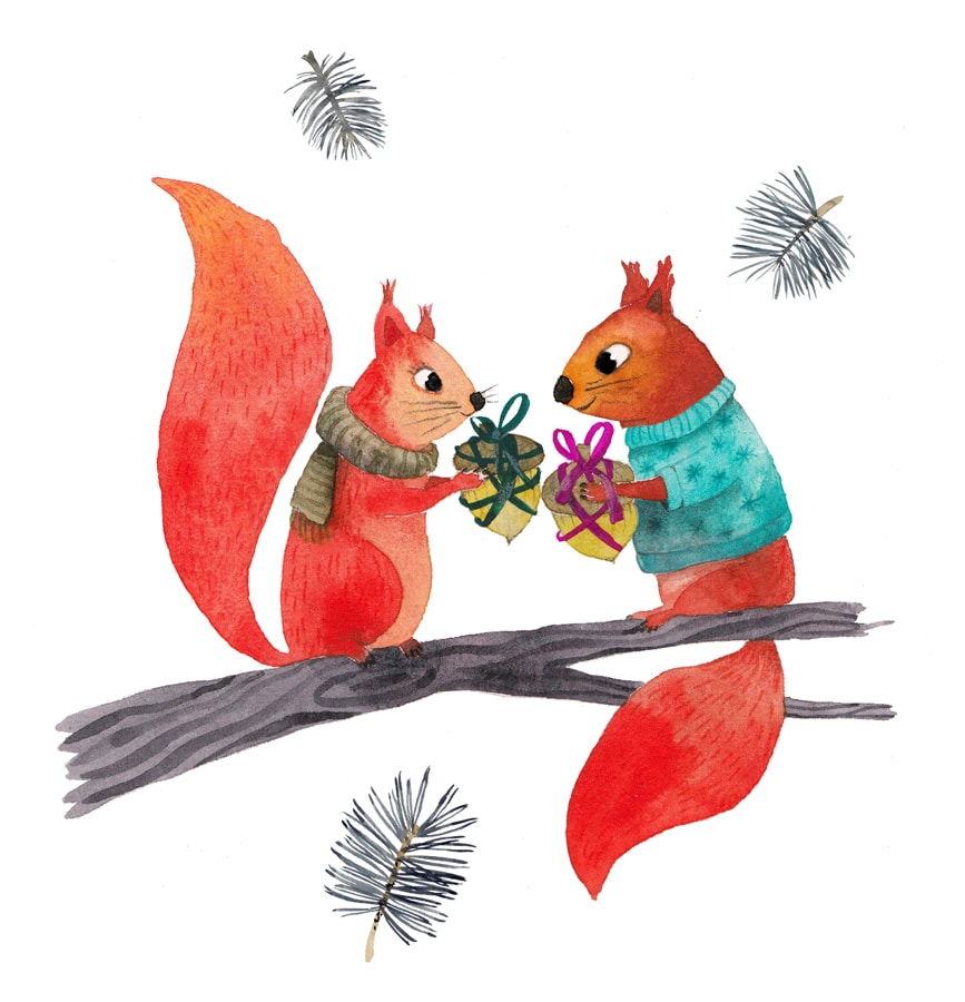 Illustration zweier Eichhörnchen die sich gegenseitig eine verpackte Haselnuß schenken.