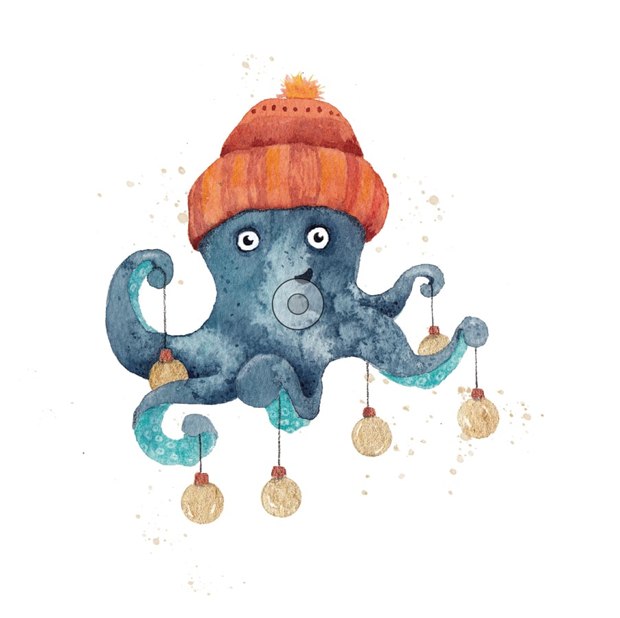 Illustration eines Kraken mit einer orangen Wollmütze.
