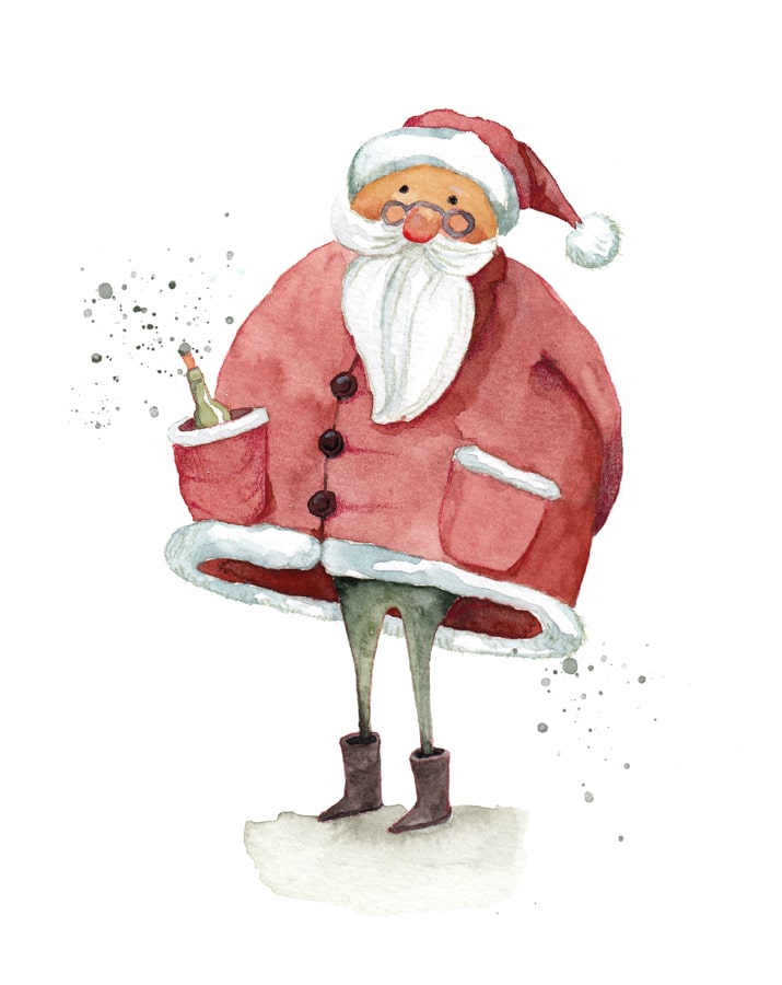 Illustration eines Weihnachtsmann mit einer Flasche Wein in der Tasche.