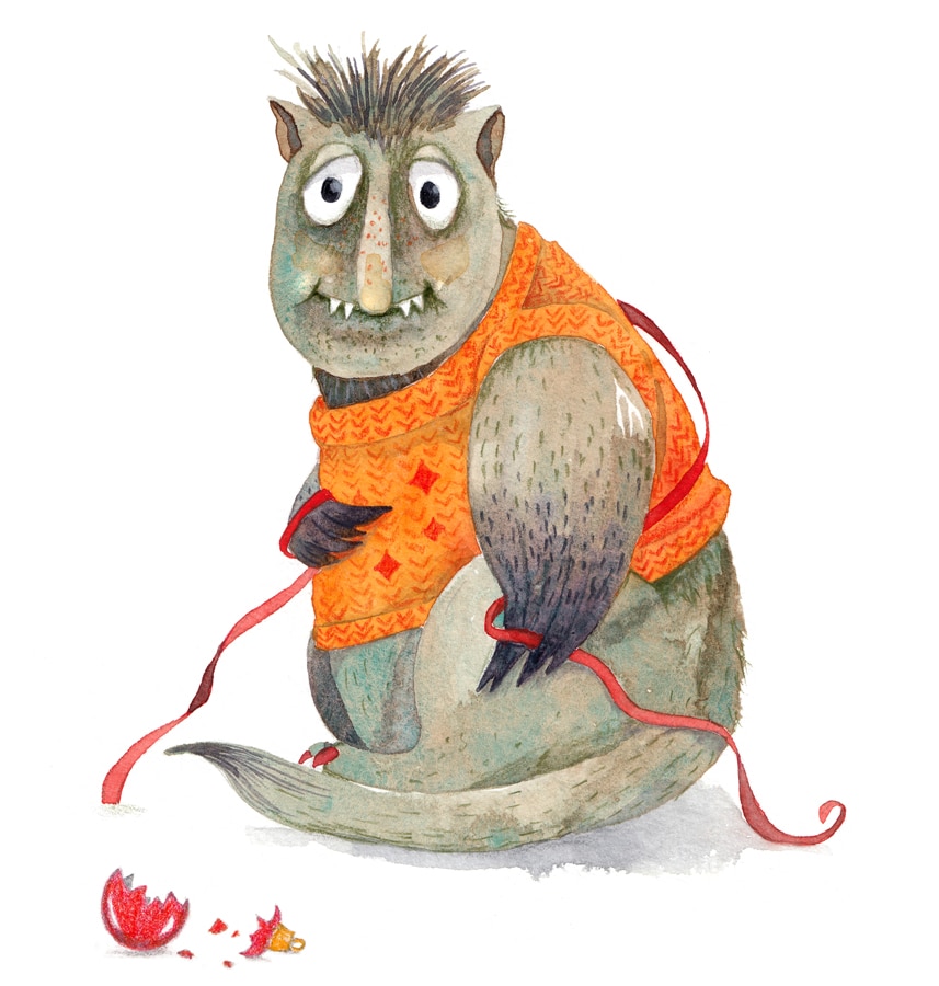 Aquarell eines Fabelwesens mit einem orangen Pullover.