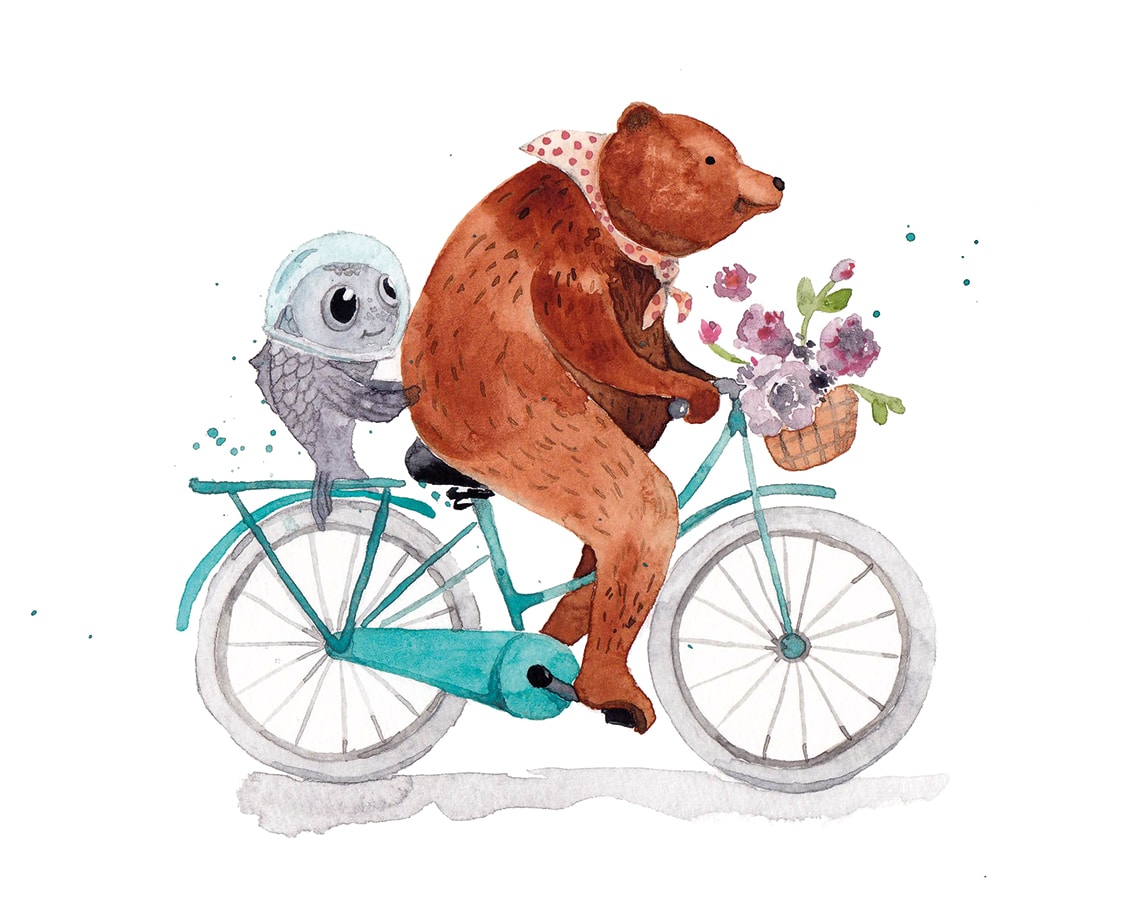 Lustige Illustration eines Bären und einem Fisch auf einem Fahrrad.