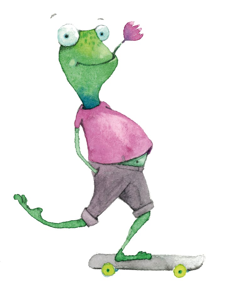 Illustration Frosch auf Skateboard.