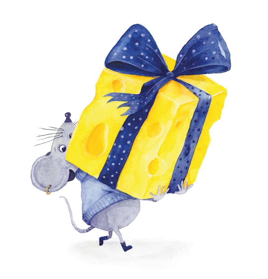Illustration einer Maus die einen großen Käsewürfel mit einer blauen Schleife trägt.