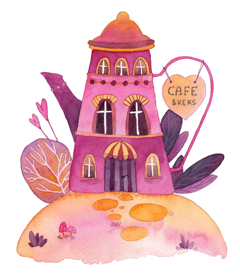 Illustration eines rot-orangen Kaffekannenhaus mit Fenstern und einer Tür.