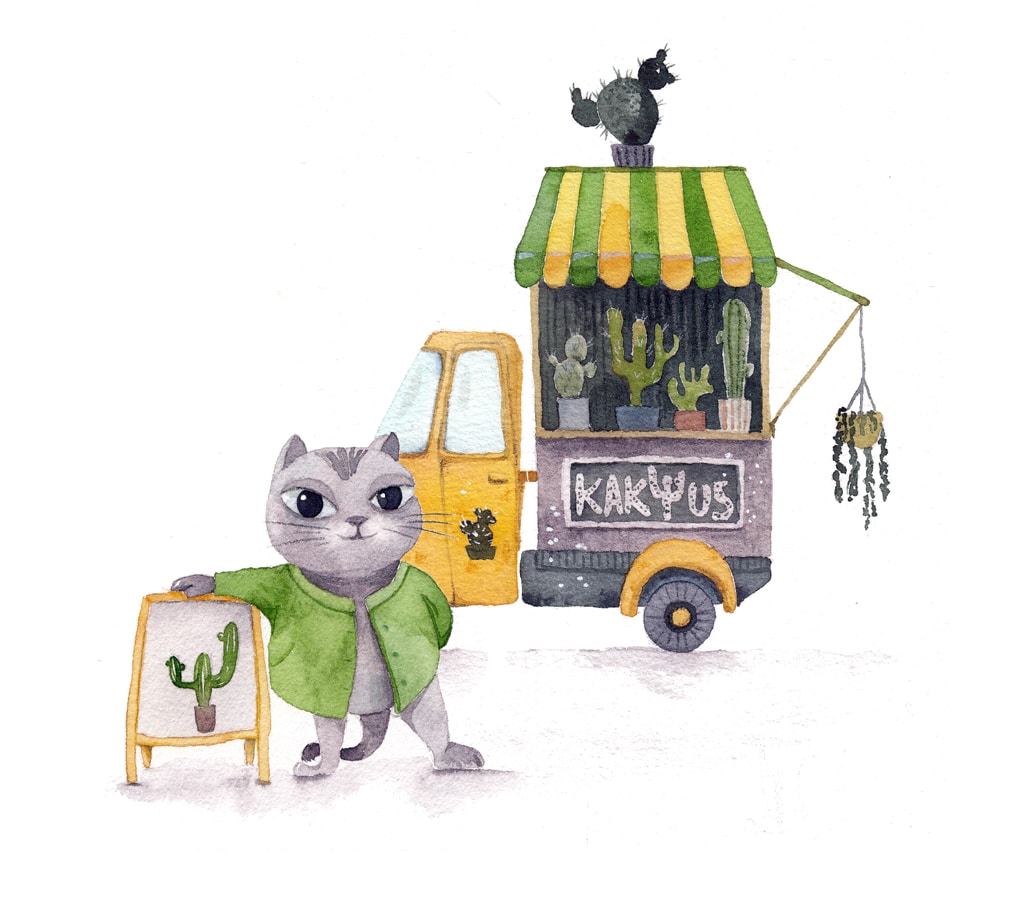 Illustration einer Katze vor einem Verkaufstand mit Kakteen.