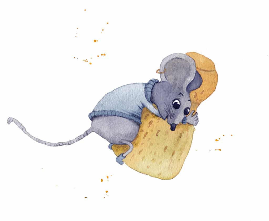 Illustration einer Maus, die auf einem Sektkorken fliegt.