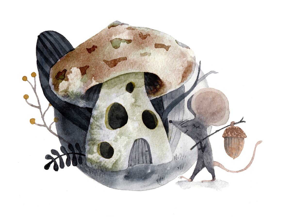 Illustration einer Maus und einem Pilzhaus.