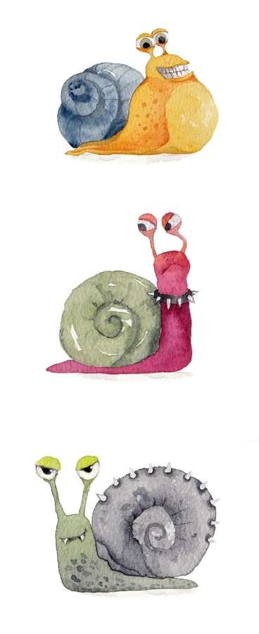 Aquarell -Illustration von drei lustigen Schnecken.
