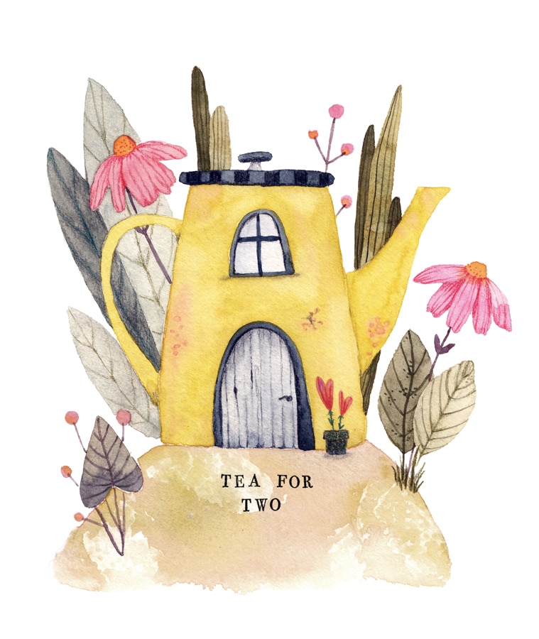 Aquarell einer gelben Kaffeekanne, die ein kleines Haus darstellt.