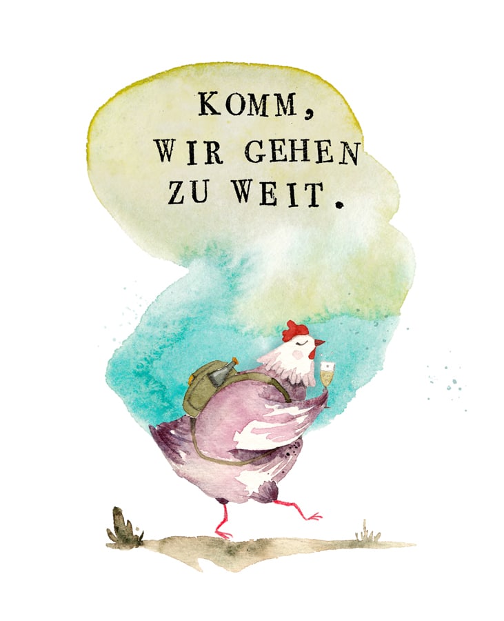 Illustration eines Huhns mit einem Rucksack.